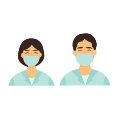 Doctors avatars in uniform. Flat style Asian male and female. Vector illustration isolated on white background