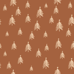 Boho Christmas pattern seamless Christmas trees. Scandinavian Christmas tree shapes background Cute hand drawing boho style. Vector illustration. Wrapping paper fabric, textile. Winter holidays print - 536251970