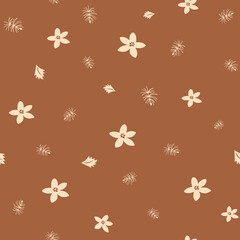 Fototapeta na wymiar Boho floral Christmas pattern. Christmas flowers poinsettia, fir branch seamless pattern. Scandinavian Christmas flower background. Vector illustration. Winter holiday wrapping paper, fabric, print.