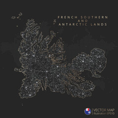 French Southern and Antarctic Lands map abstract geometric mesh polygonal light concept with black and white glowing contour lines countries and dots on dark background. Vector illustration