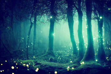 Foggy mystery forest with lights.