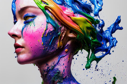 Scene with a fictional woman covered in all colors of paint