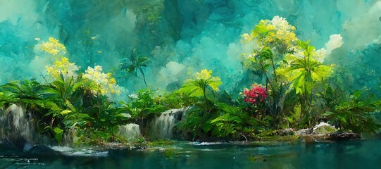 Dreamy tropical island paradise with colorful exotic flowers, palm trees and jungle vegetation. Turquoise blue lagoon with small waterfalls and summer rain clouds in background.  - obrazy, fototapety, plakaty