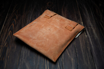 Leather belt bag, back view. Low depth of field