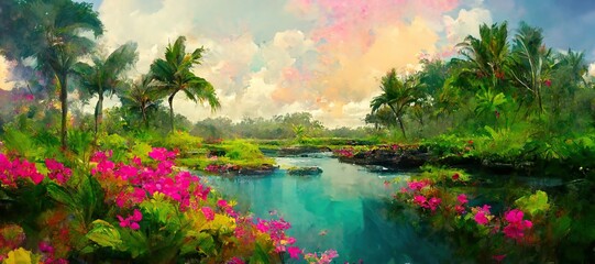Dreamy tropical island paradise with colorful exotic flowers, palm trees and jungle vegetation. Turquoise blue lagoon and summer rain clouds in background.  - obrazy, fototapety, plakaty