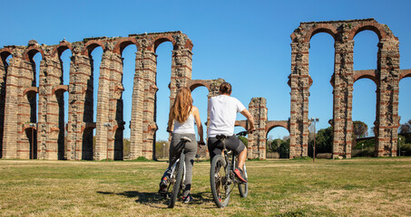 Merida- Roman aqueduct of los Milagros in Spain - obrazy, fototapety, plakaty