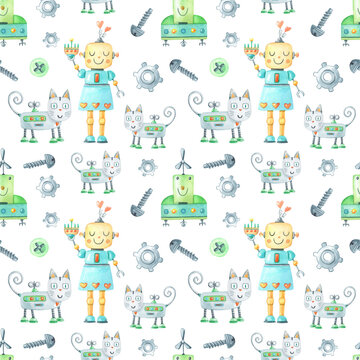 Watercolor funny robot girl and cats on white background. Cute watercolour cartoon