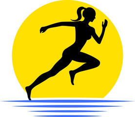 Running Woman and Sun Logo. Run, sunset and ocean. Sport and competition concept. PNG illustration