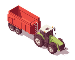 Isometric tractor with agricultural equipment set. Isolated low poly green tractor with red trailer on white backgroung. Vector illustrator