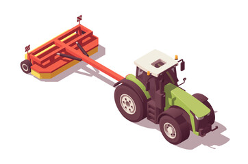 Isometric tractor with agricultural equipment set. Isolated low poly green tractor with red trailed mower on white backgroung. Vector illustrator