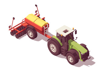 Isometric tractor with agricultural equipment set. Isolated low poly green tractor with red trailed seeder on white backgroung. Vector illustrator