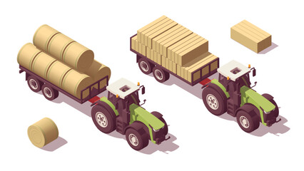 Set of isometric low poly tractors with hay and straw bale. Vector illustrator - obrazy, fototapety, plakaty