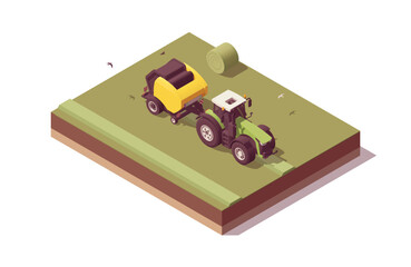 Obraz premium Isometric tractor composition. Isolated low poly green tractor with yellow round baler baling hay. Vector illustrator