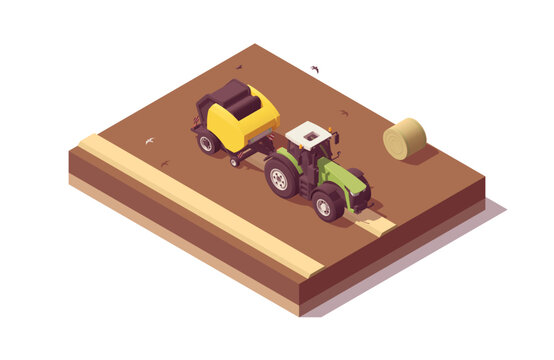 Isometric tractor composition. Isolated low poly green tractor with yellow round baler baling straw. Vector illustrator