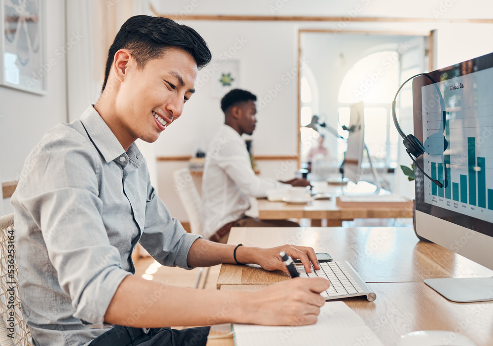 Poster call center, telemarketing and crm consultant writing sales report on infographics, seo data and sta