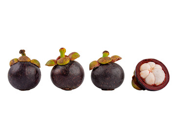 Queen of Fruit in Thailand. Fresh mangosteen fruit and half mangosteen isolated on transparent background