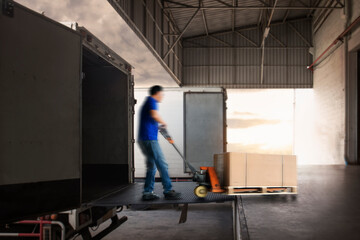 Warehouse Workers Unloading Cargo Boxes on Pallet into Container Trucks. Distribution Shipping Warehouse. Delivery Trucks. Shipment Goods. Supply Chain. Supplies Warehouse Logistics Transport.	