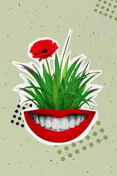 Creative photo 3d collage poster postcard artwork of bleaching bright white grin isolated on painting background