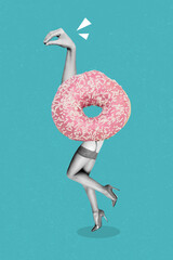 Vertical creative collage image of sexy shape figure young woman legs stockings sweet donut instead...