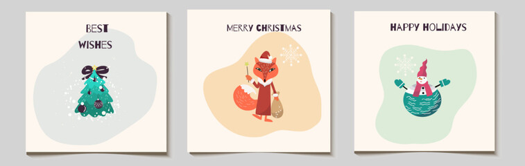 Christmas vector gift card or tag set, funny fox character with a bag of gifts, dressed as Santa, snowman, herringbone, fir tree, with inscriptions merry christmas, best wishes.