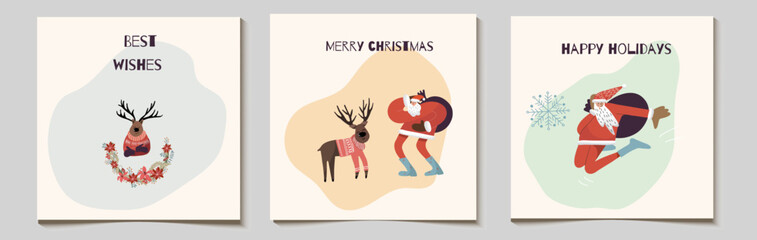 Christmas vector gift card or tag set, Santa bouncing, sporty, deer in sweater, poinsettia flowers semicircular wreath, with merry christmas, best wishes lettering.