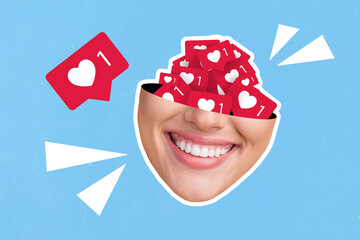 Creative collage image of half girl head beaming smile pile stack like notifications inside isolated on drawing background