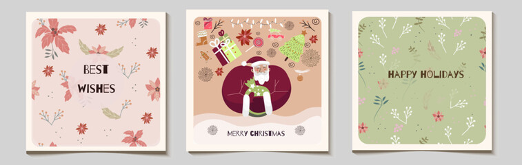 Christmas vector gift square card or tag set, Santa with a bag of gifts, floral elements, poinsettia, snowflakes, with merry christmas, best wishes lettering.