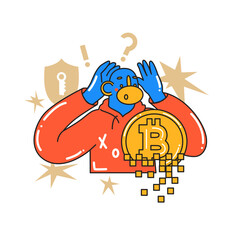 The monkey is horrified by the collapsing cryptocurrency market. Cyber ​​security, virtual theft. Investment, startup, search for new successful business ideas. Cartoon style in vector illustration.