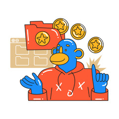 The monkey works with files and documents. Effective management.  Investment, startup, search for new successful business ideas. Cartoon style in vector illustration. Isolated object.