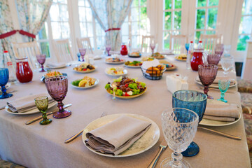 classic table setting. beautiful dishes for a festive dinner.