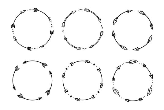 Arrow circle american pattern frame set. Hand drawn doodle boho, rustic arrow border, ornament circle frame. Tribal boho decor design. Vector illustration.