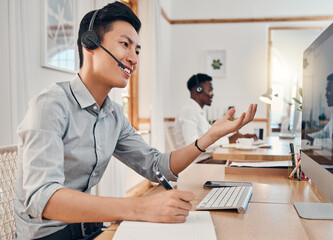 Consulting, call center and help with businessman at computer talking on phone call for customer...