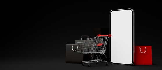 Online shopping background with smartphone mockup, shopping cart, shopping bags on black background - obrazy, fototapety, plakaty