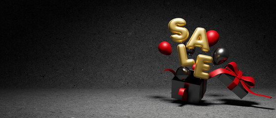 Sale banner on black background with black gift box, balloons and copy space. discount, mega sale