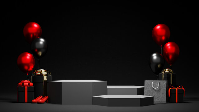 Black hexagon geometric podium in luxury online shopping background with black and red balloons