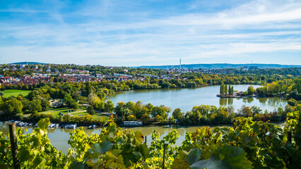 Germany, Stuttgart panorama view max eyth see lake water neckar river boats and beautiful houses in autumn, view above trees and nature landscape - obrazy, fototapety, plakaty
