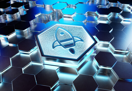 Spaceship icon innovation concept engraved on metal hexagonal pedestral background. Rocket startup logo glowing on abstract digital surface. 3d rendering