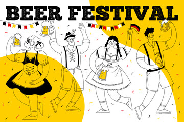 Oktoberfest banner. Beer festival. Different people in national German costumes drink beer and have fun. Vector hand drawn illustration..