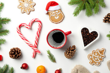 Concept of Christmas and Happy New Year, Christmas coffee, top view