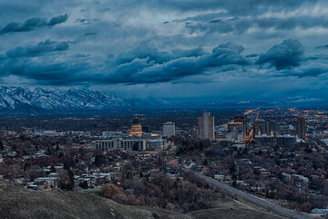 Downtown of Salt Lake City on distance in blue hour