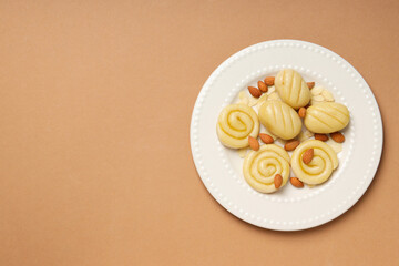 Concept of tasty sweet food, marzipan, space for text