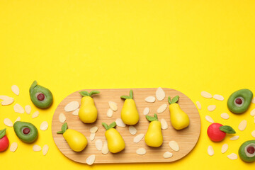 Concept of tasty sweet food, marzipan, space for text