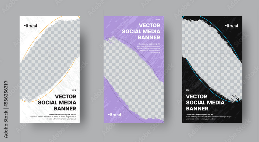 Poster set of vector banners for stories with grunge elements and place for photo.