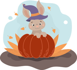 cute bunny sitting in a pumpkin, Happy Halloween. Autumn poster vector illustration