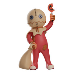 3D illustration. cartoon Trick 'r 3D treats Design has a Halloween lollipop. holding sack in hand. showing a straight face. 3D Cartoon Character