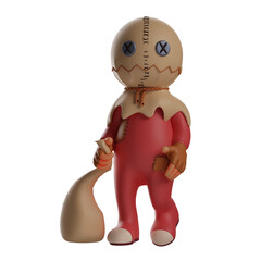  3D illustration. 3D trick 'r treat design Cartoon character wearing Halloween costume. carrying sack in hand. showing a grinning face. 3D Cartoon Character