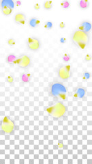 Vector Realistic Colorful Petals Falling on Transparent Background.  Spring Romantic Flowers Illustration. Flying Petals. Sakura Spa Design. Blossom Confetti. Design Elements for Wedding Decoration.