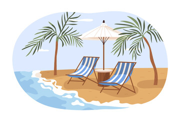 Sunbeds and umbrella at sand beach. Summer tropical premium resort with private chaise-longues at seacoast. Empty deckchairs, sun beds at seaside. Flat vector illustration isolated on white background