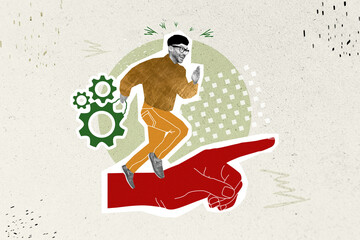 Creative trend collage of energetic active man worker running hand chief point direction inventor...