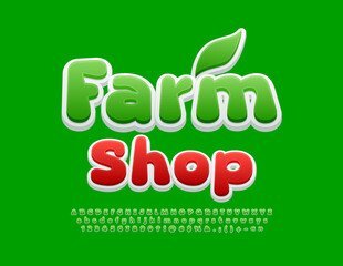 Vector marketing banner Farm Shop. Funny Green Font. Bright Alphabet Letters and Numbers set